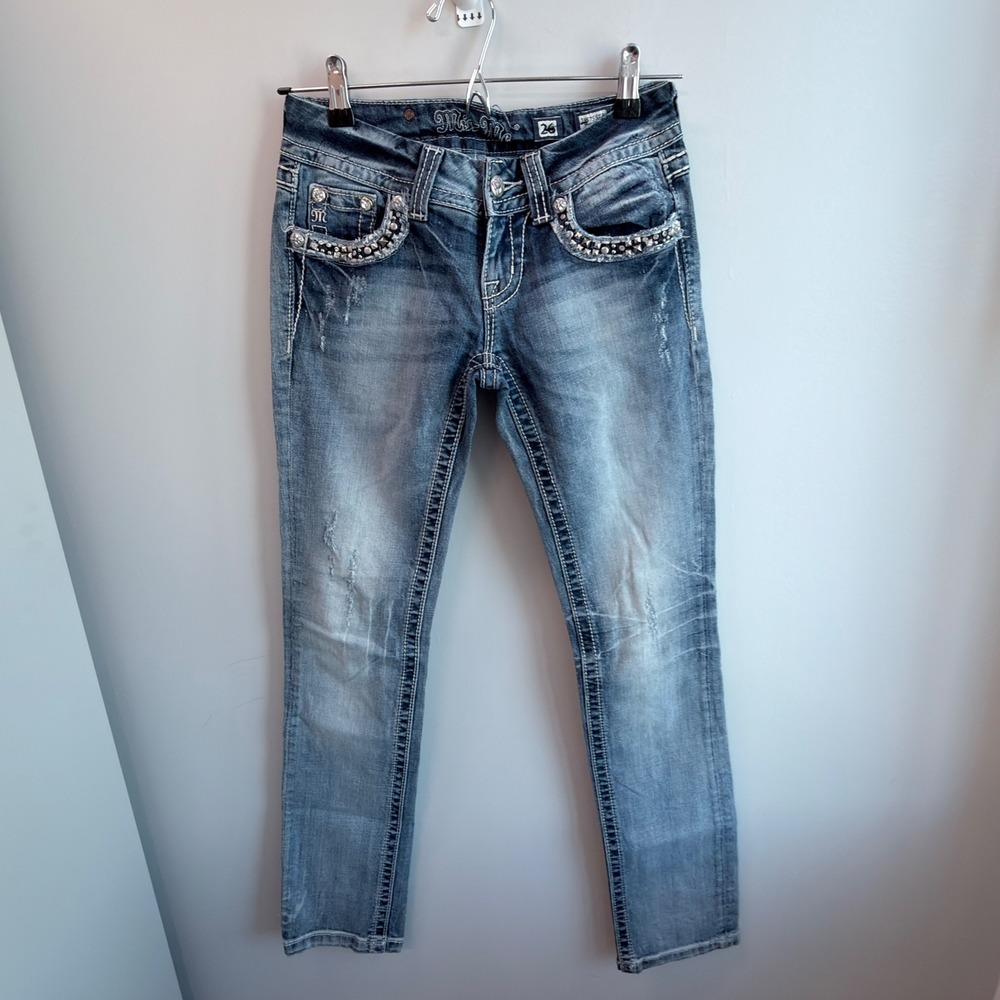 Miss Me Straight Leg Jeans Womens 26 Blue Good Embellished Studded JP5755T3L